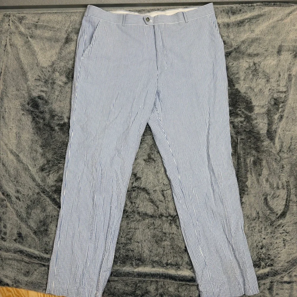Stafford Mens 40x32 Seersucker Dress Pants Blue White Striped Classic Fit Cotton